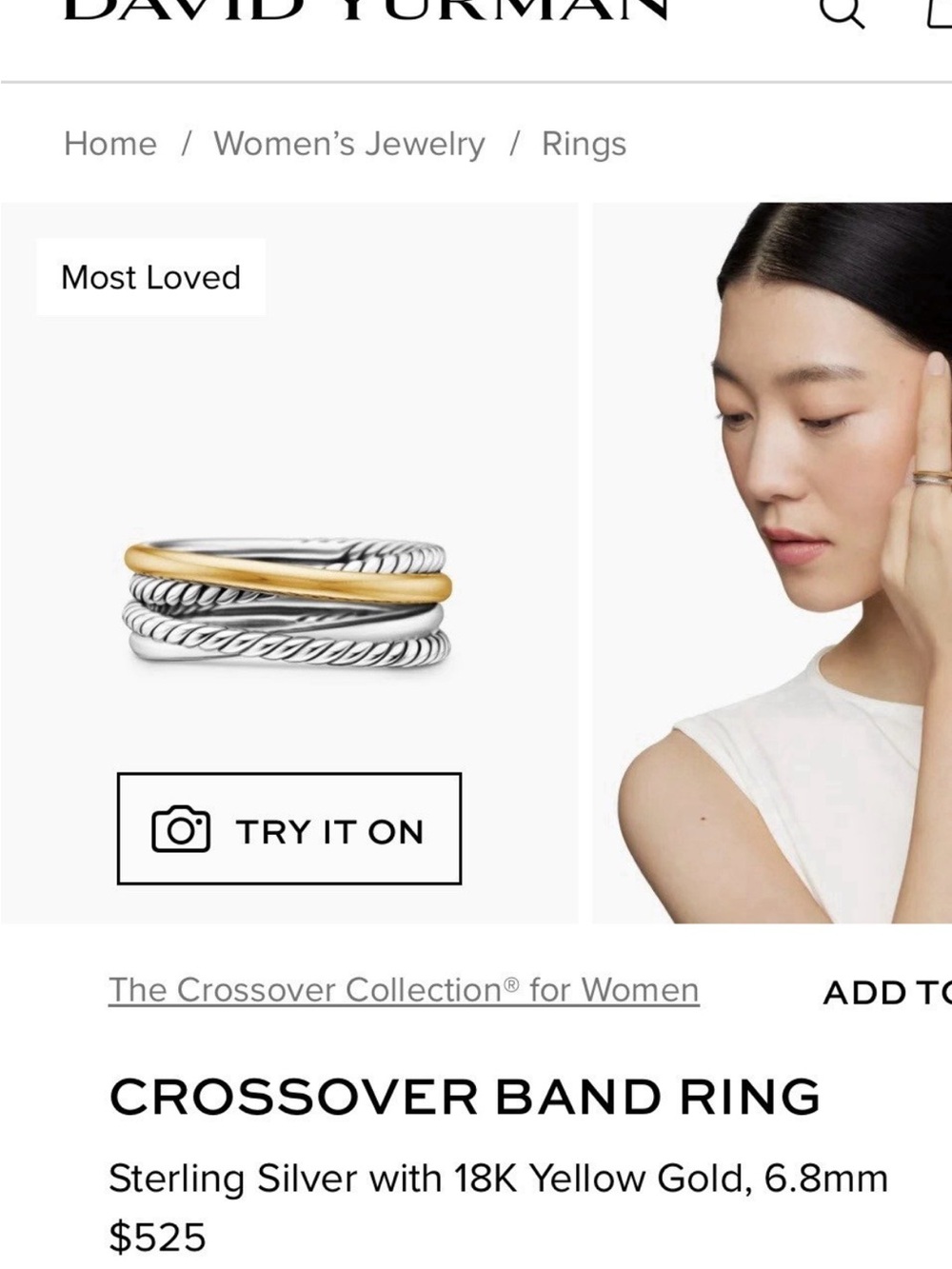David Yurman Two-Tone Cable Crossover Band Ring - Silver and 18k Gold - Picture 6 of 6